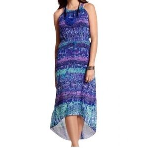 Chico's Blue Purple Watercolor High Low Halter Maxi Dress